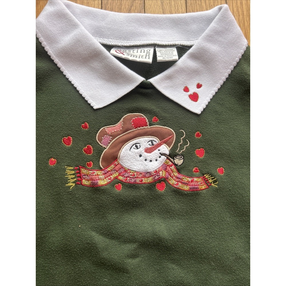 Vtg 90s Snowman Collared Sweatshirt Valentine Hearts Grandmacore Frosty Sz M